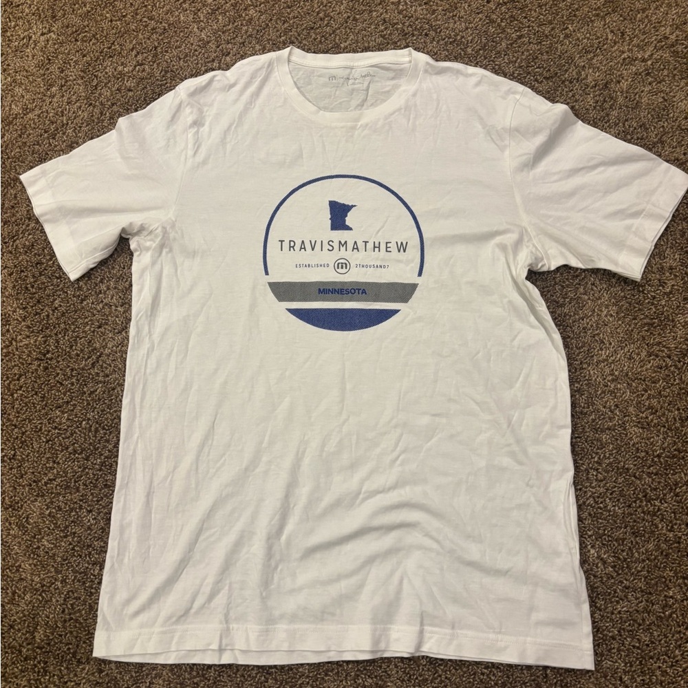 Travis Mathew White Tee with Blue Logo